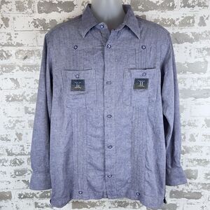 C.Constant Abidjan Guayabera Shirt Sz‎ 44 Blue Cotton Linen Feel Long Sleeve